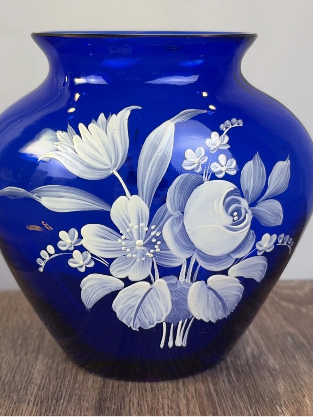 Hand Painted 4.5" White Floral Motif Cobalt Blue Glass Vase
